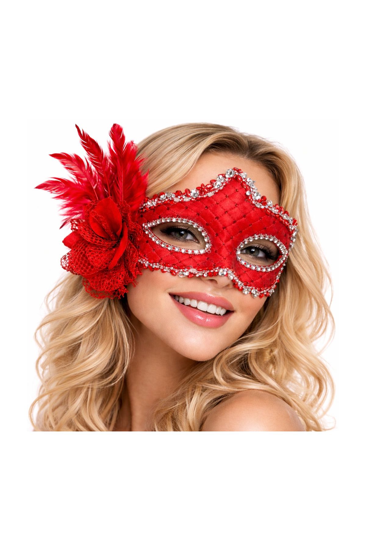 Kırmızı Tüylü Venedik Lüks Balo Maskesi