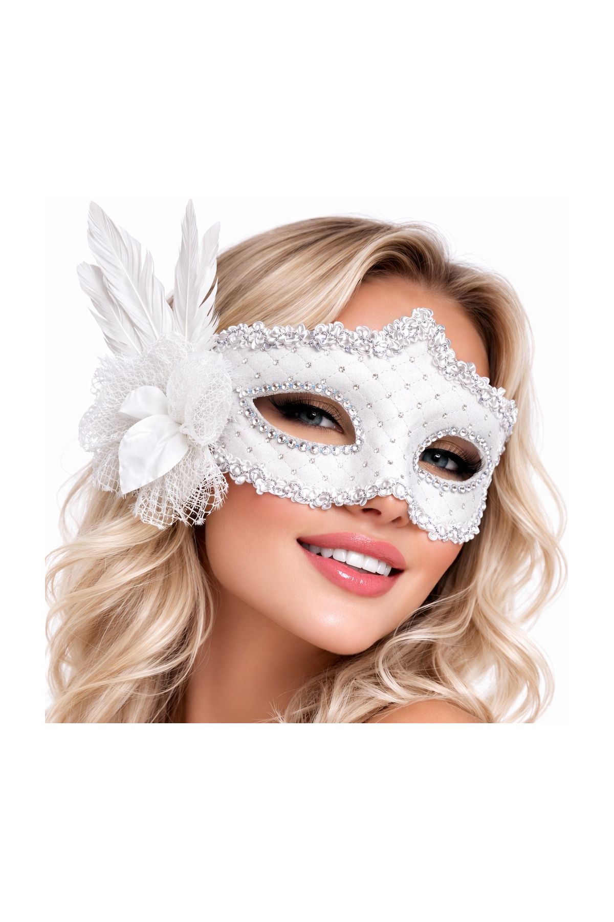 Beyaz Tüylü Venedik Lüks Balo Maskesi