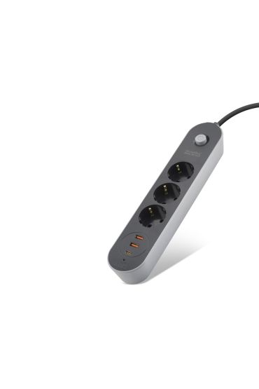 Termal Akım Korumalı Uzatma Kablosu 3 Priz + 2X Usb + Type-C Anahtarlı 2 M - Siyah SH4628