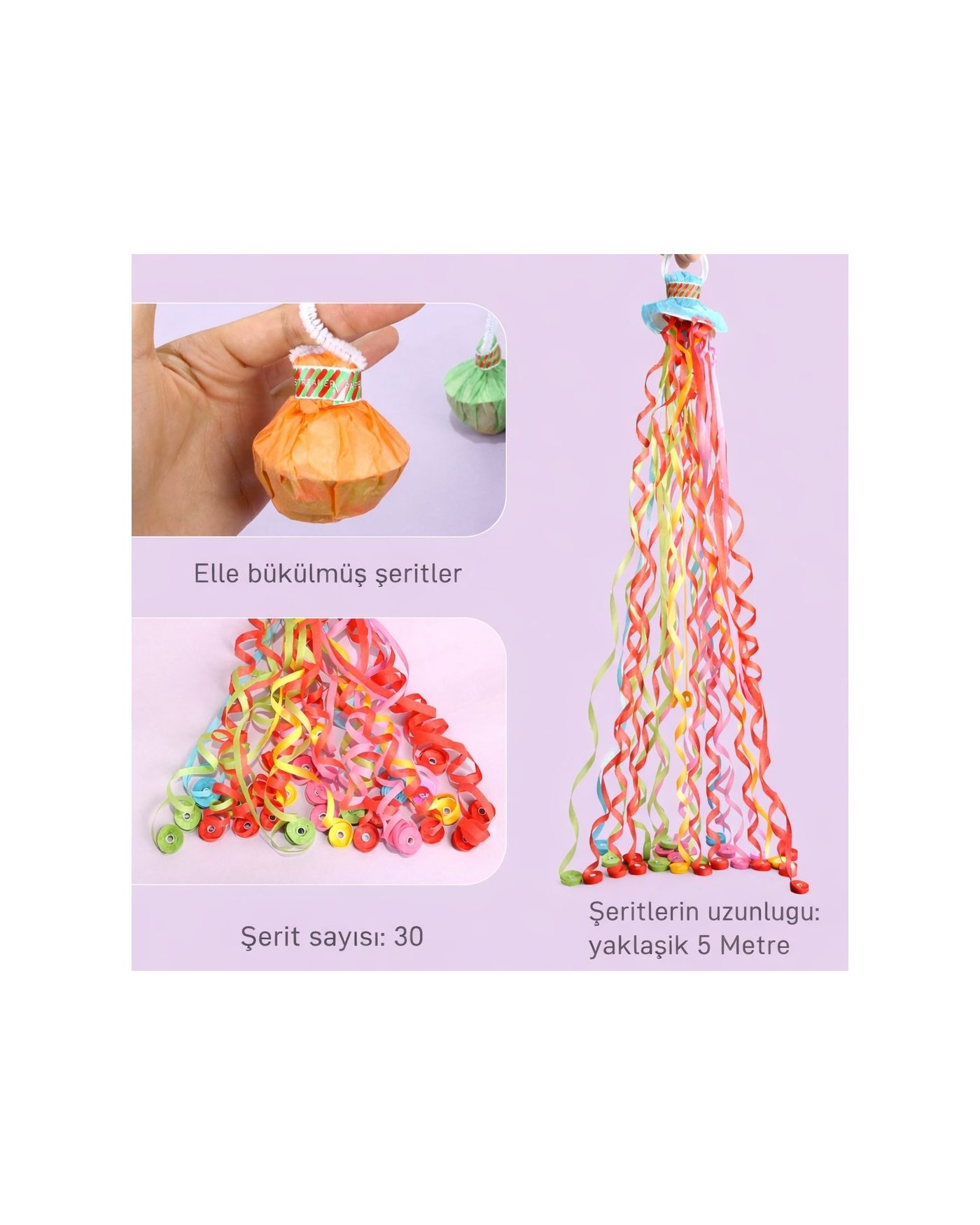 30 Şeritli Renkli Elle Atılan Konfeti – 5 Metre Uzayan Şerit Konfeti 1 Adet