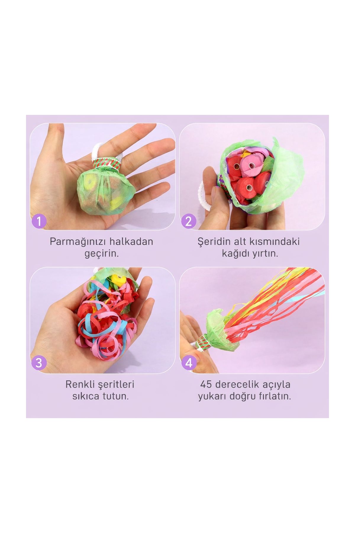 30 Şeritli Renkli Elle Atılan Konfeti – 5 Metre Uzayan Şerit Konfeti 1 Adet