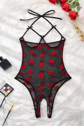 Öpücük Desenli Transparan  Fantazi İç Giyim