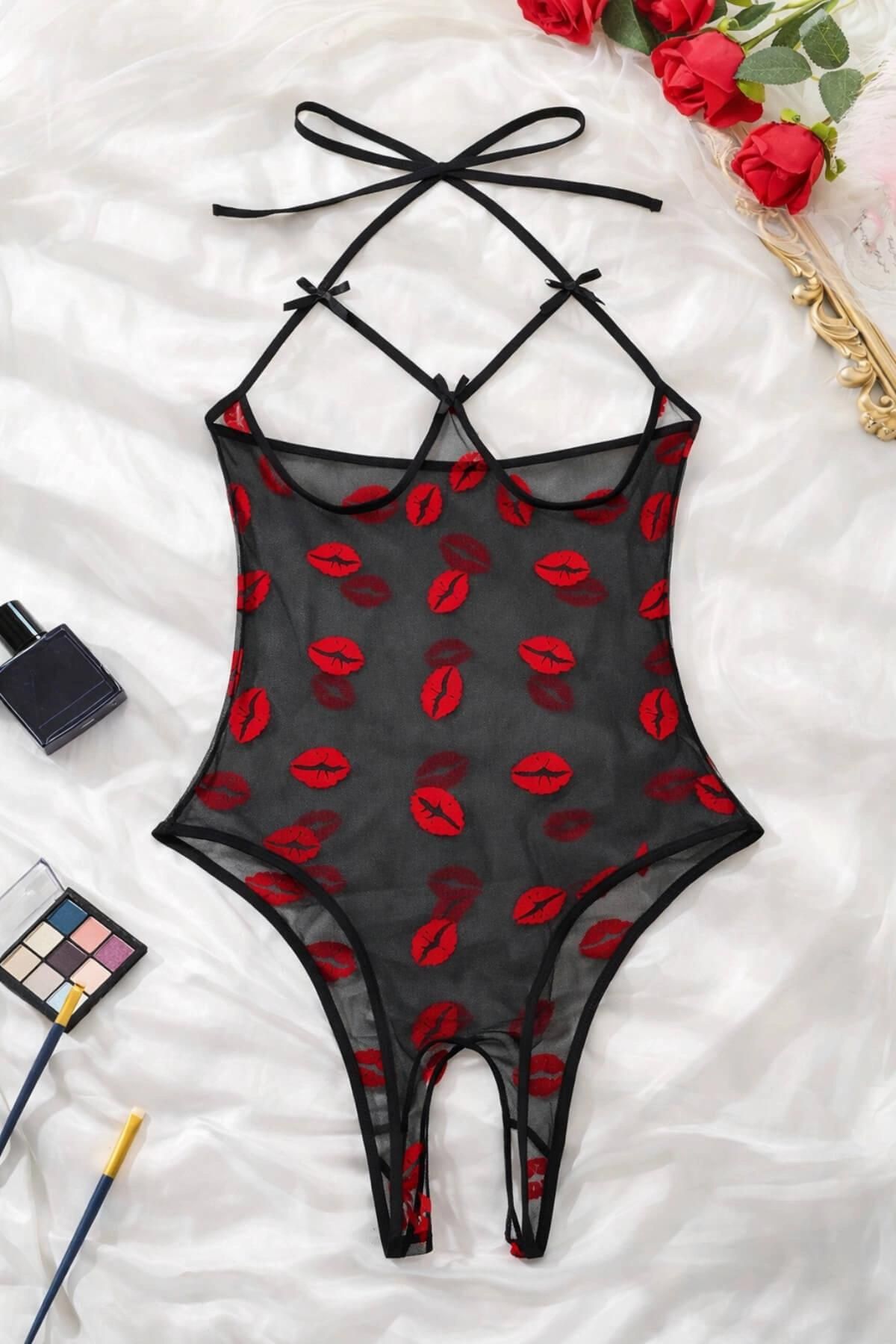 Öpücük Desenli Transparan  Fantazi İç Giyim