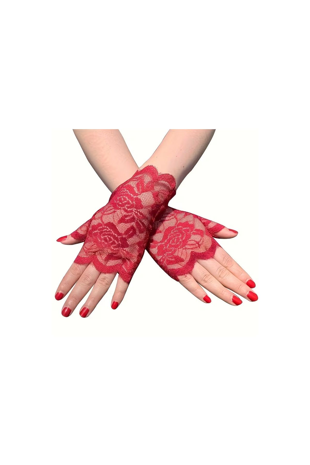 Kırmızı Dantel Parmaksız Kısa Eldiven