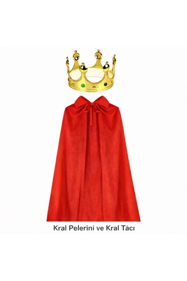 90 cm Kral Pelerini ve Altın Kral Tacı Seti