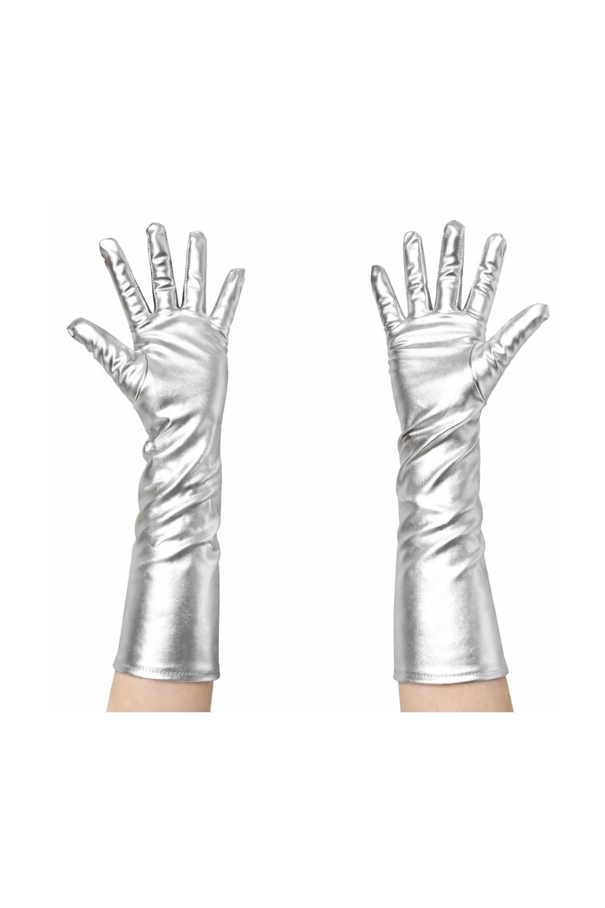 Gümüş Renk Dirsek Altı Lüks Saten Eldiven 40 cm