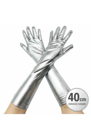 Gümüş Renk Dirsek Altı Lüks Saten Eldiven 40 cm
