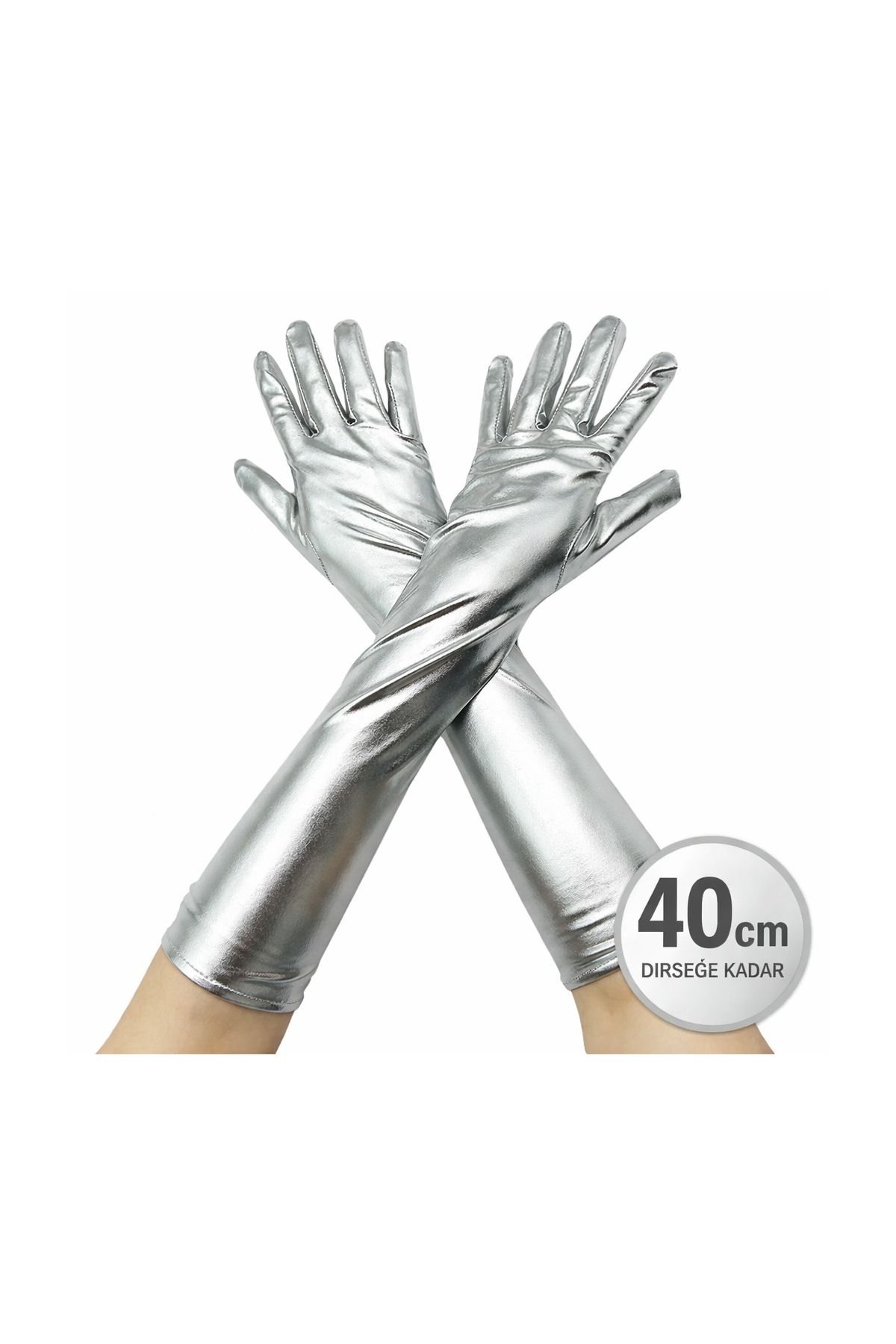 Gümüş Renk Dirsek Altı Lüks Saten Eldiven 40 cm