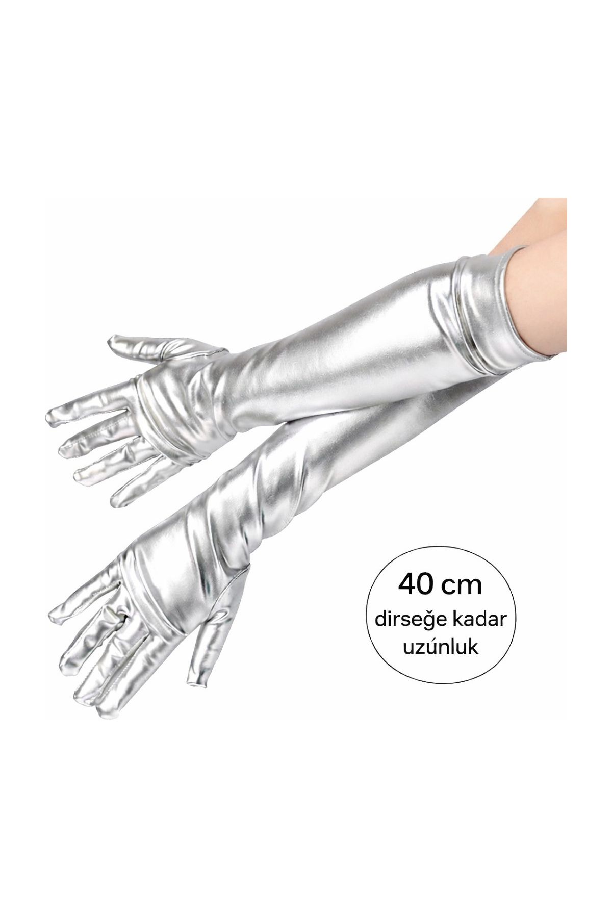 Gümüş Renk Dirsek Altı Lüks Saten Eldiven 40 cm