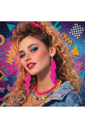 80 ler 90 lar Retro Neon Pembe Şimşek Küpe 10 cm