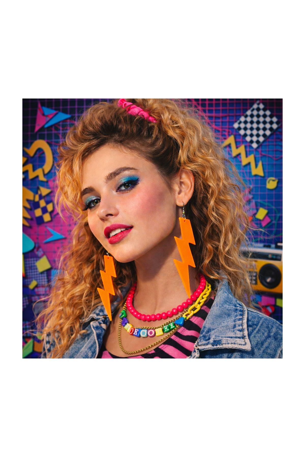 80 ler 90 lar Retro Neon Turuncu Şimşek Küpe 10 cm