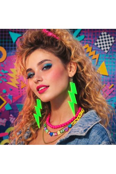 80 ler 90 lar Retro Neon Yeşil Şimşek Küpe 10 cm