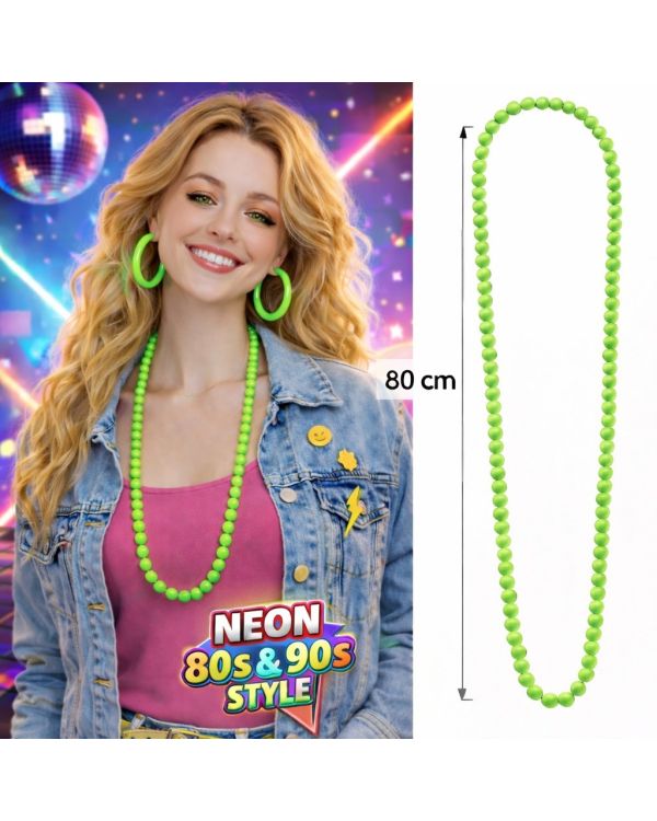 Neon Yeşil Boncuk Kolye 80 cm – Retro 80’ler 90’lar Parti Aksesuarı
