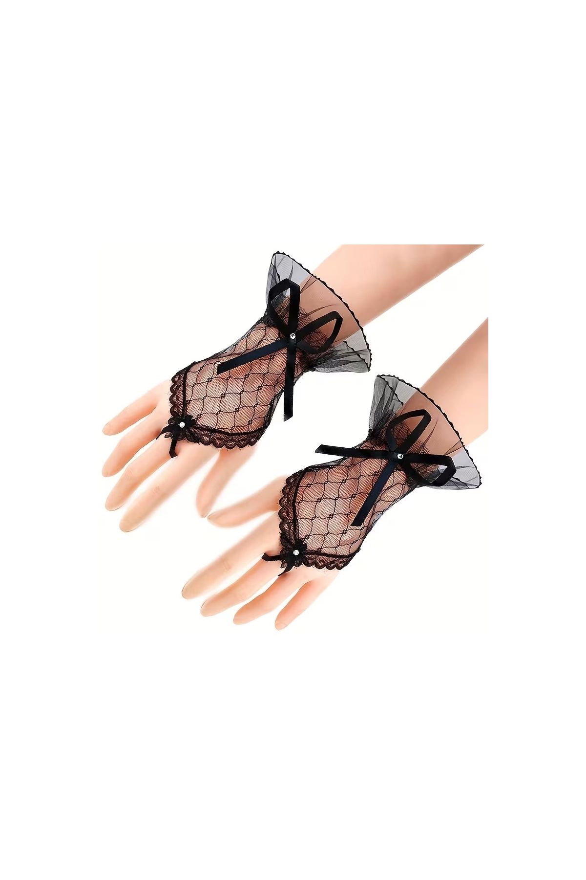 Siyah Dantel Fiyonklu Parmak Halkalı Kadın Eldiveni