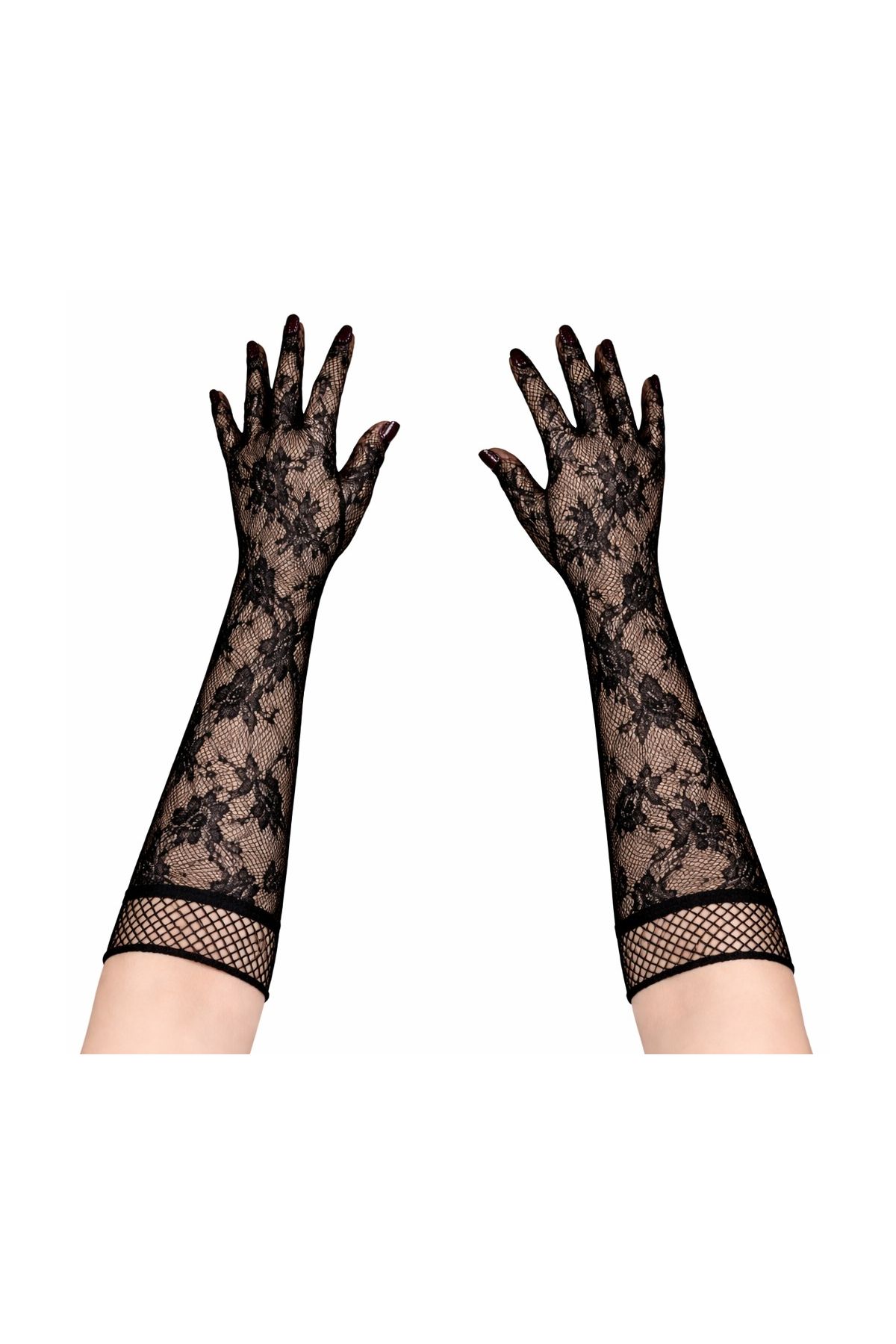 Siyah Uzun Gül Desenli Dantel Kadın Eldiveni