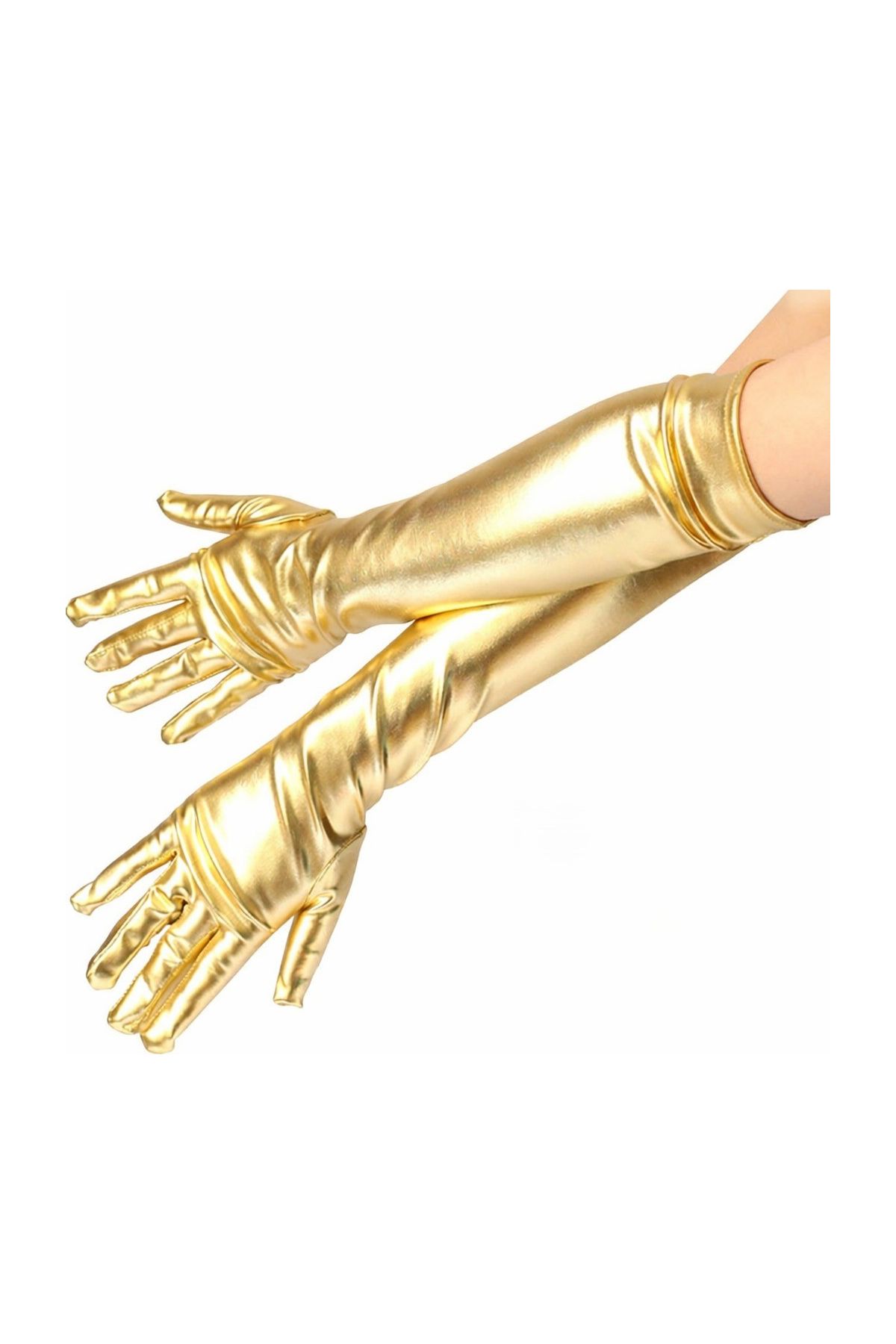 Altın Renk Dirsek Altı Lüks Saten Eldiven 40 cm