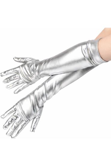 Gümüş Renk Dirsek Altı Lüks Saten Eldiven 40 cm