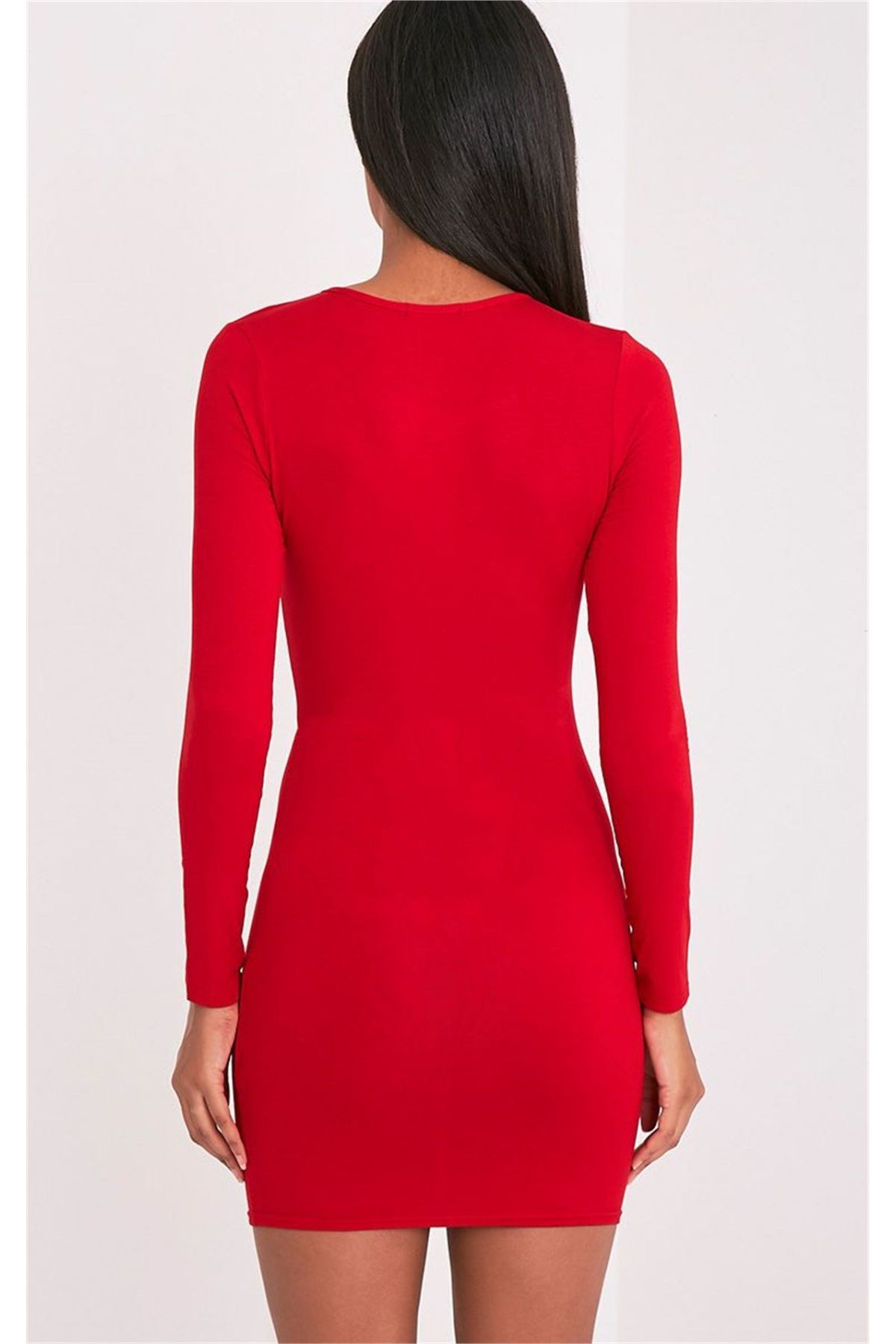 Uzun Kollu Mini Kırmızı Elbise