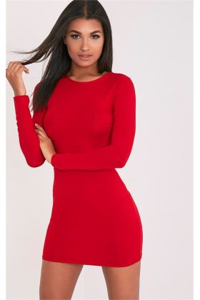 Uzun Kollu Mini Kırmızı Elbise