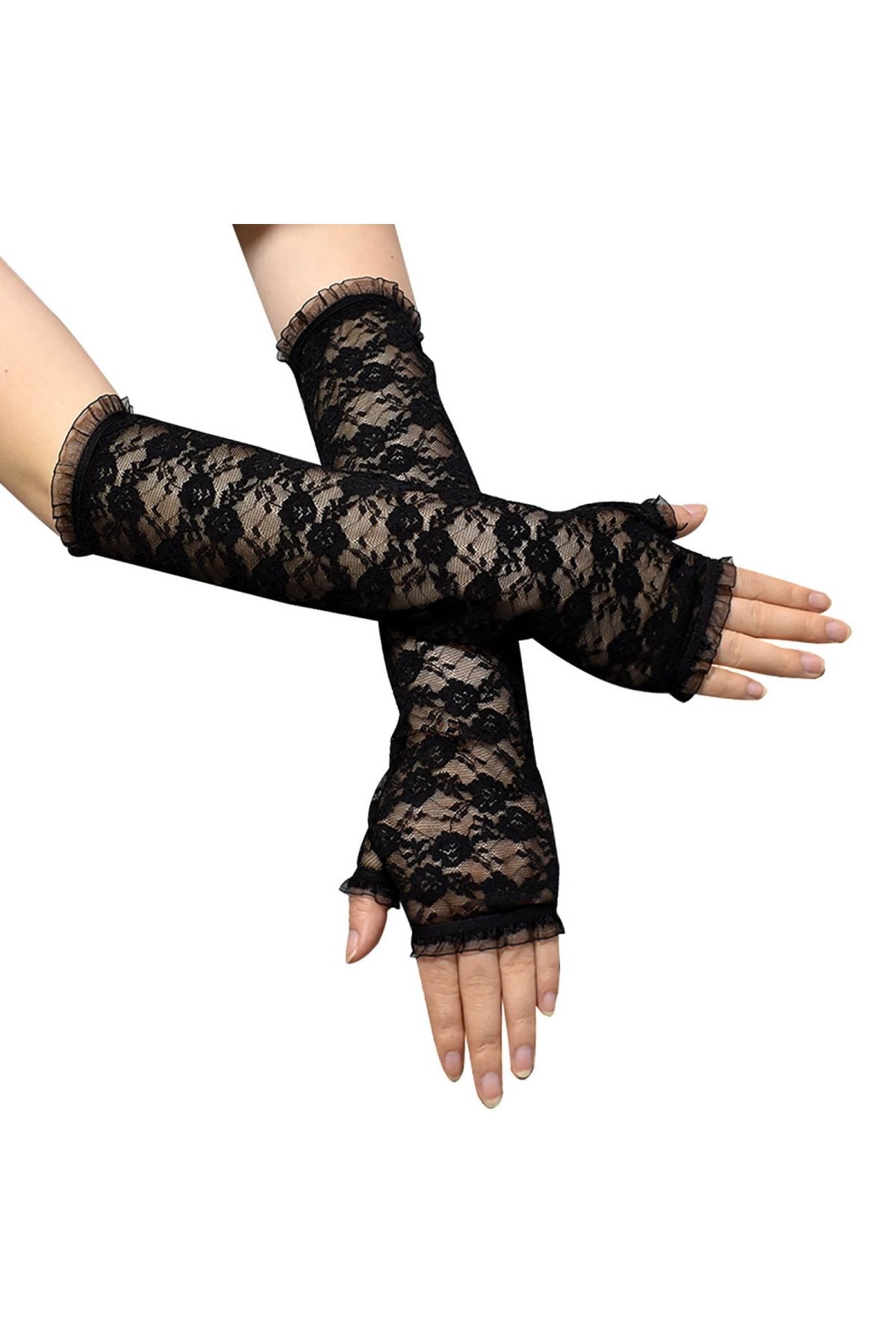 Uzun Zarif Dantel Eldiven Parmaksız Siyah 35 cm