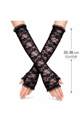 Uzun Zarif Dantel Eldiven Parmaksız Siyah 35 cm