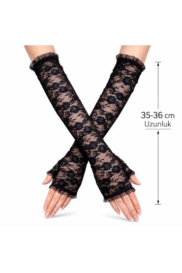 Uzun Zarif Dantel Eldiven Parmaksız Siyah 35 cm