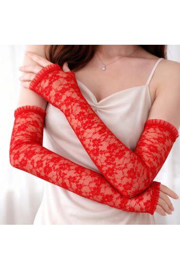 Uzun Zarif Dantel Eldiven Parmaksız Kırmızı 35 cm