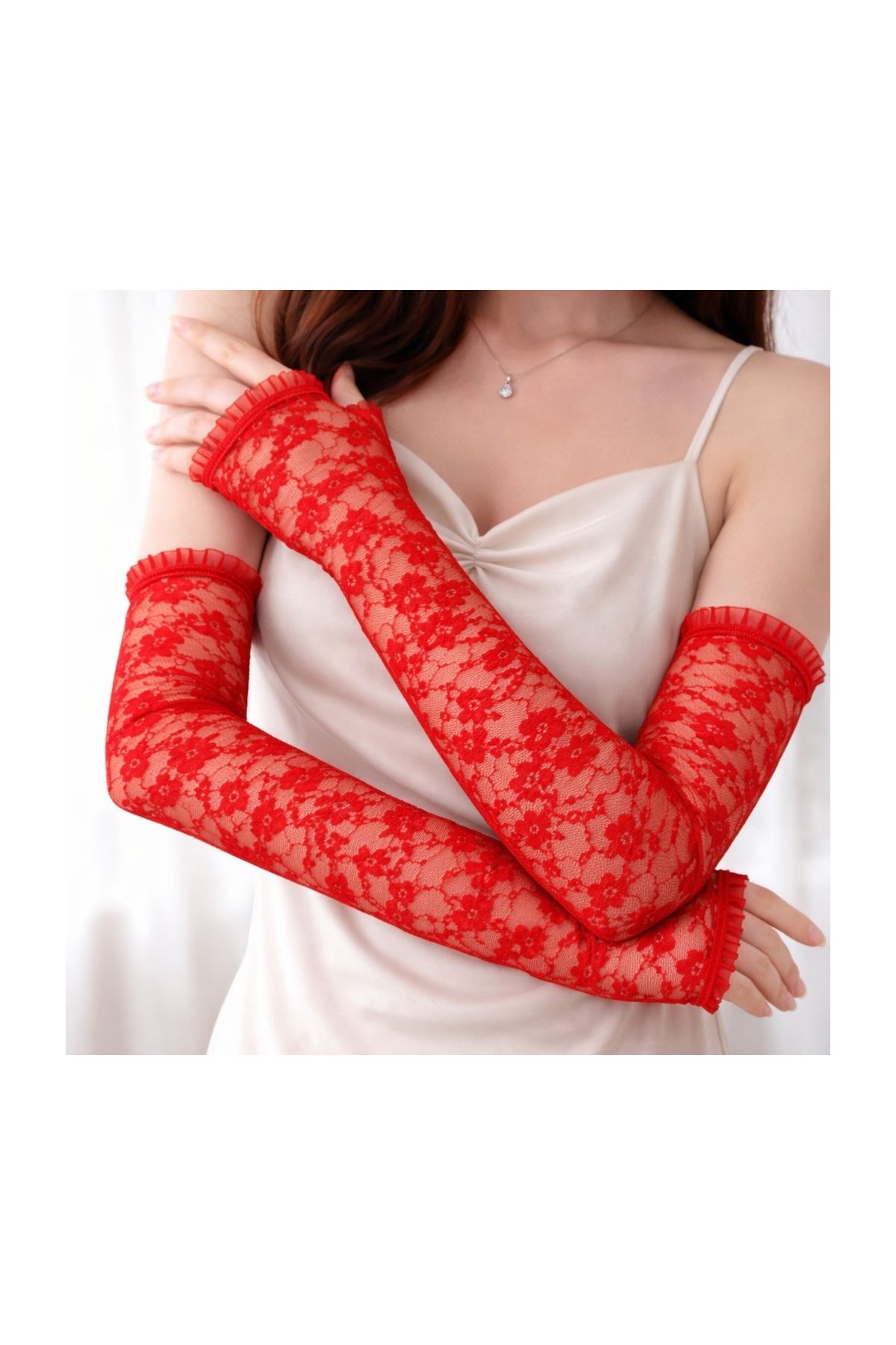 Uzun Zarif Dantel Eldiven Parmaksız Kırmızı 35 cm
