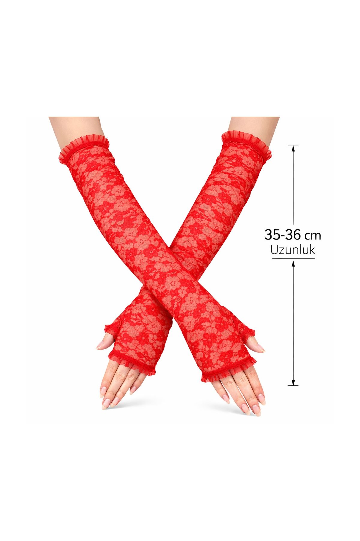 Uzun Zarif Dantel Eldiven Parmaksız Kırmızı 35 cm