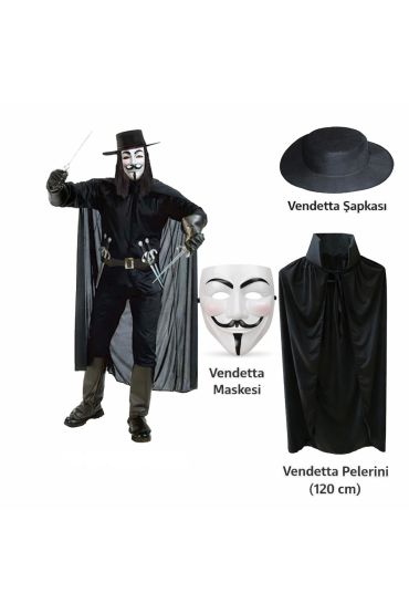 Vendetta Kostüm Seti – Şapka Maske Pelerin (120 cm)