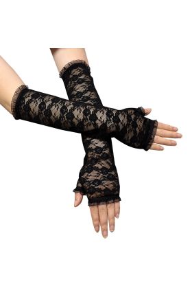 Uzun Zarif Dantel Eldiven Parmaksız Siyah 35 cm