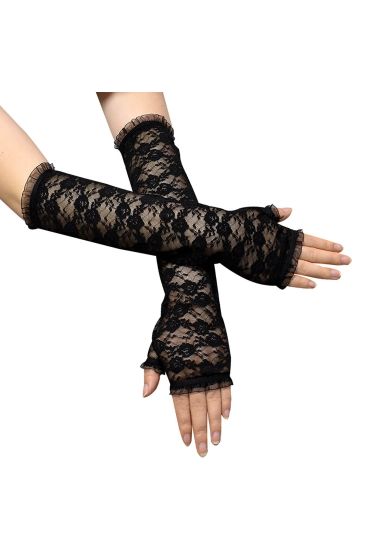Uzun Zarif Dantel Eldiven Parmaksız Siyah 35 cm