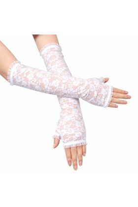 Uzun Zarif Dantel Eldiven Parmaksız Beyaz 35 cm