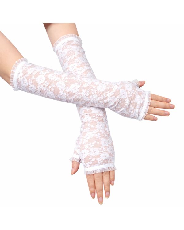 Uzun Zarif Dantel Eldiven Parmaksız Beyaz 35 cm