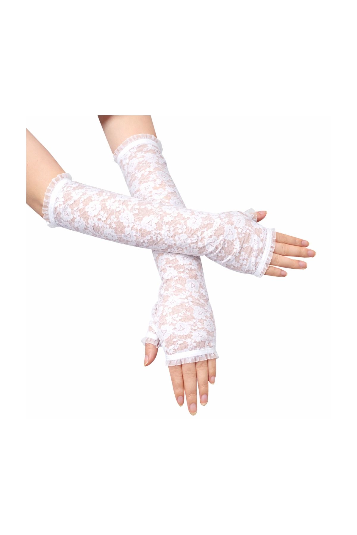 Uzun Zarif Dantel Eldiven Parmaksız Beyaz 35 cm