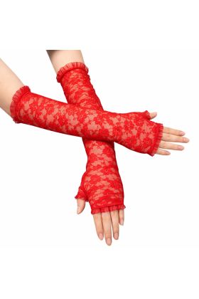 Uzun Zarif Dantel Eldiven Parmaksız Kırmızı 35 cm