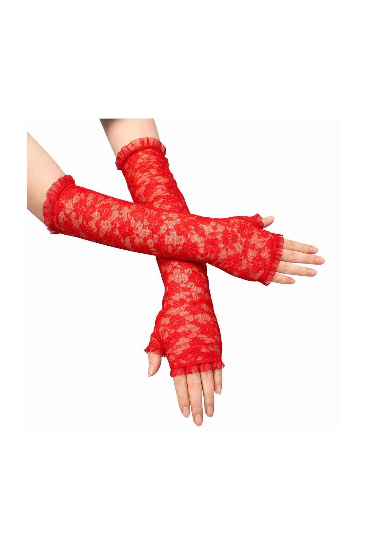 Uzun Zarif Dantel Eldiven Parmaksız Kırmızı 35 cm