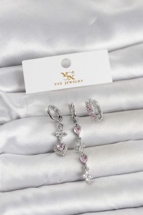Pirinç Gümüş Renk Pembe Zirkon Taşlı 3'lü Kadın Küpe - TJ-BKP11706