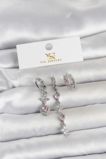 Pirinç Gümüş Renk Pembe Zirkon Taşlı 3'lü Kadın Küpe - TJ-BKP11706