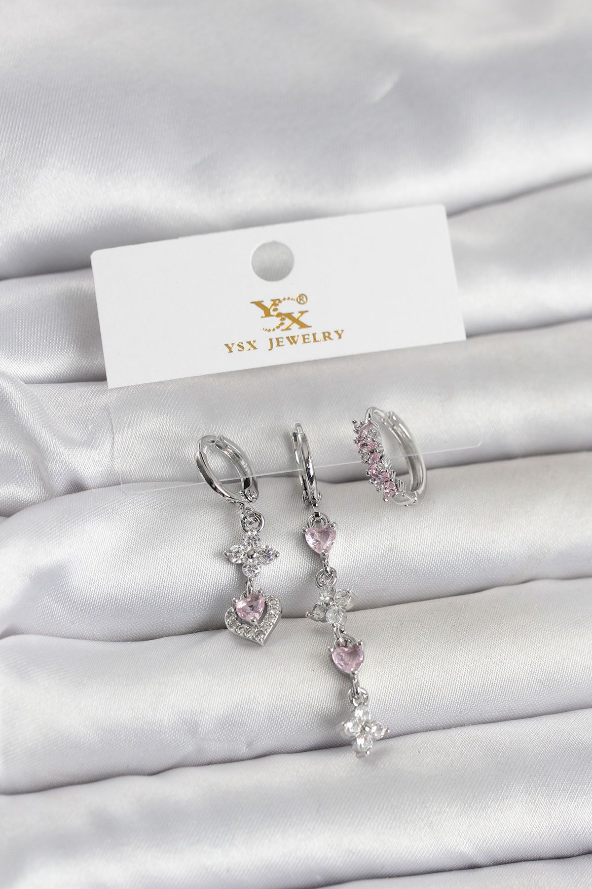 Pirinç Gümüş Renk Pembe Zirkon Taşlı 3'lü Kadın Küpe - TJ-BKP11706