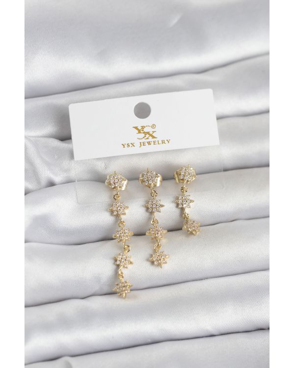 Pirinç Gold Renk Sıralı Kutup Yıldızı Model 3'lü Kadın Küpe - TJ-BKP11715