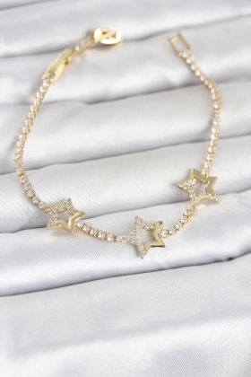 Pirinç Gold Renk Yıldız Model Zirkon Taşlı Su Yolu Kadın Bileklik - TJ-BB8377