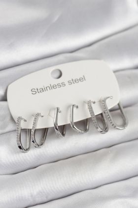 316L Çelik Gümüş Renk 6'lı Set Geometrik Model Kadın Küpe - TJ-BKP11742