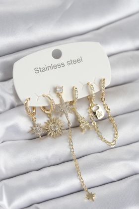 316L Çelik Gold Renk 6'lı Set Charmlı Kadın Küpe - TJ-BKP11749