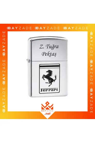 Ferrari Logolu Plakalı Zippo Benzinli Çakmak - Kişiye Özel Çakmaklar - Cosmedrome