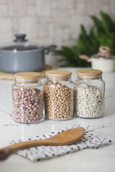 3 Lü Set Bambu Kapaklı Cam Kavanoz & Erzak Saklama Kabı 800 ml Orta  Boy ( Vakum Kapak ) - Kavanoz - Cosmedrome