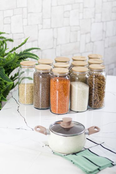 12 Li Set Bambu Kapaklı Cam Kavanoz & Erzak Saklama Kabı 1.300 ml Büyük Boy ( Vakum Kapak ) - Kavanoz - Cosmedrome