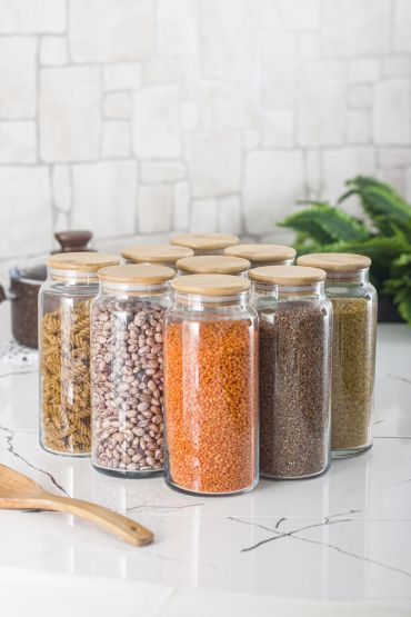 9 Lu Set Bambu Kapaklı Cam Kavanoz & Erzak Saklama Kabı 1.300 ml Büyük Boy ( Vakum Kapak ) - Jar - Cosmedrome