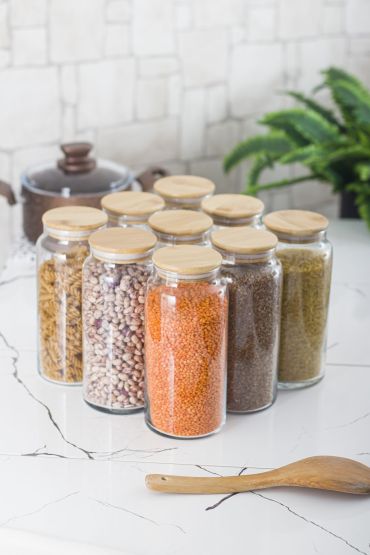9 Lu Set Bambu Kapaklı Cam Kavanoz & Erzak Saklama Kabı 1.300 ml Büyük Boy ( Vakum Kapak ) - Jar - Cosmedrome