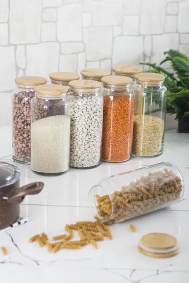9 Lu Set Bambu Kapaklı Cam Kavanoz & Erzak Saklama Kabı 1.300 ml Büyük Boy ( Vakum Kapak ) - Jar - Cosmedrome